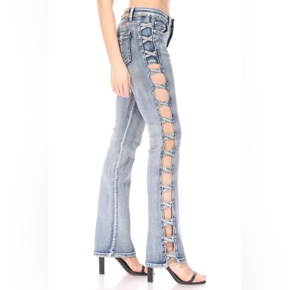 Platinum Plush Cross Me Women's Size 7 Blue Open-leg Rhinestone Jeans - Picture 10 of 10